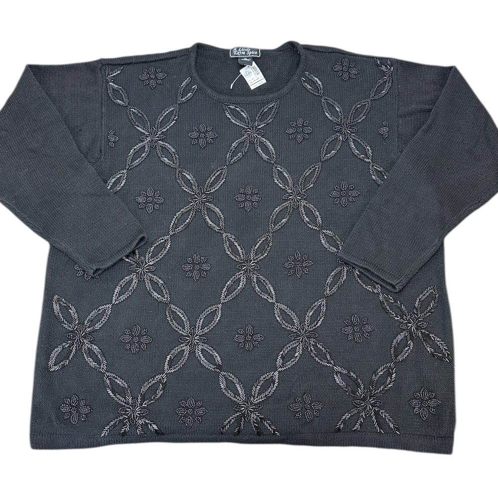 Vintage A Little Extra Spice Black Beaded Floral Knit Sweater 3X Subtle Sparkle